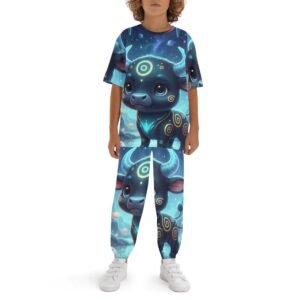 Junior Pajama Set | Children's Short Sleeve Shirt & Long Pants Loungewear | Zebellz Luminous Taurus: Junior "Baby Blue Bull" | Premium 400g Weight | Sizes XS-XL