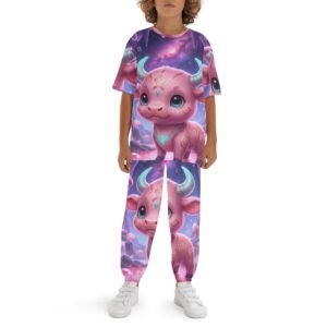 Junior Pajama Set | Children's Short Sleeve Shirt & Long Pants Loungewear | Zebellz Pink Luminous Taurus: "Baby Pink Bull" Collection | Premium 400g Weight | Sizes XS-XL