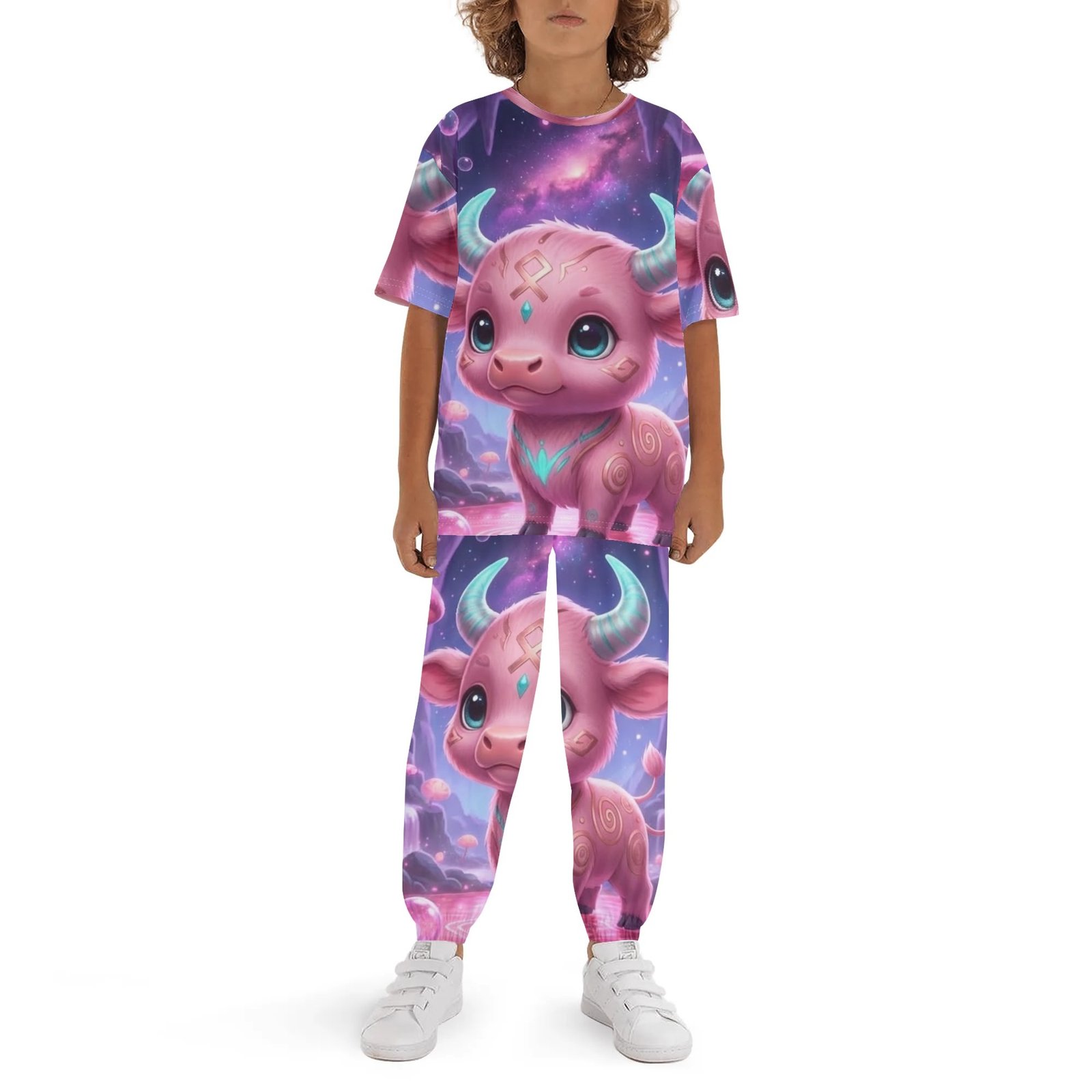 Junior Pajama Set | Children's Short Sleeve Shirt & Long Pants Loungewear | Zebellz Pink Luminous Taurus: "Baby Pink Bull" Collection | Premium 400g Weight | Sizes XS-XL