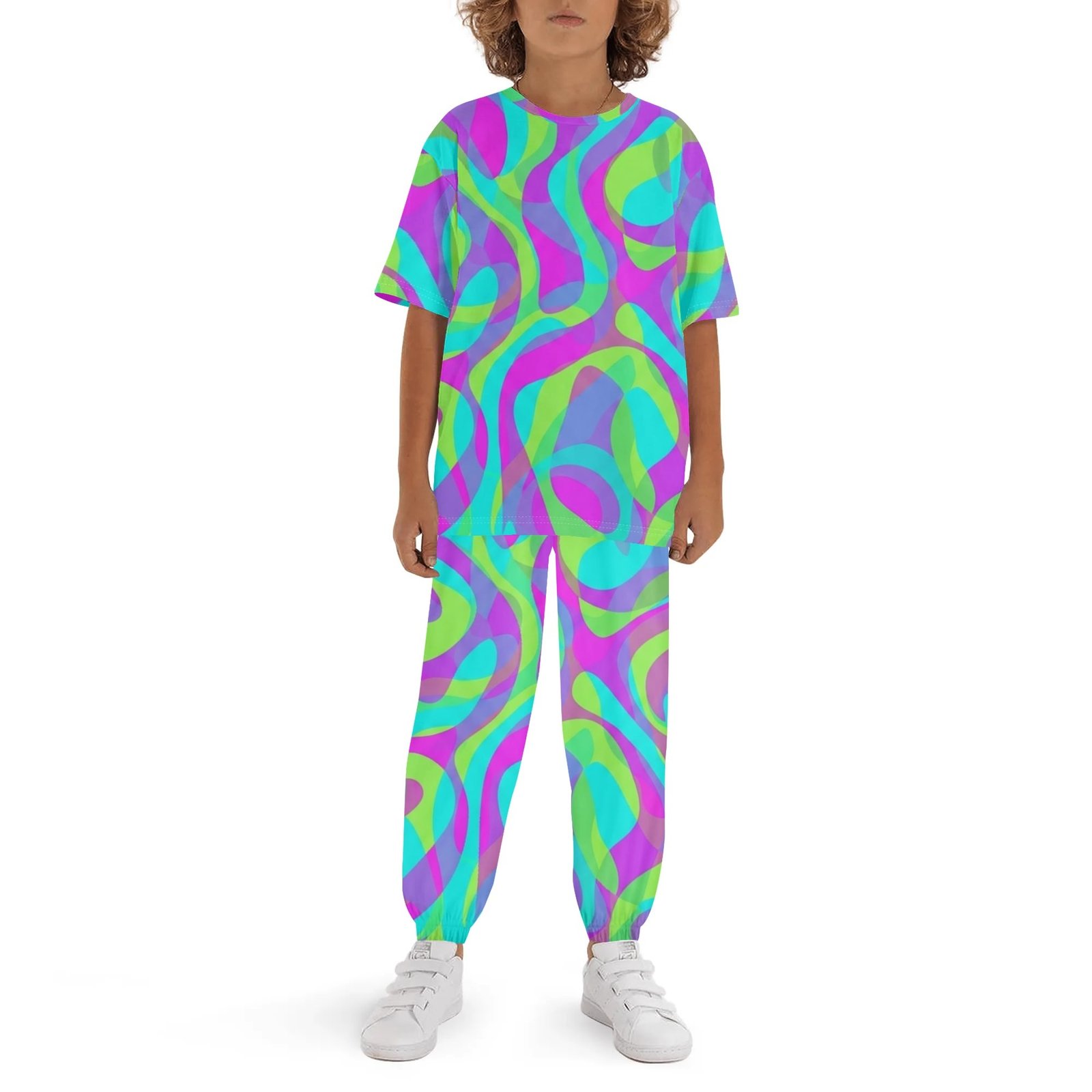 Zebellz Galactic Prism: Youth Multi-Color Spectrum Pajama Set | Children's Short Sleeve Shirt & Long Pants Loungewear | Premium 400g Weight | Sizes XS-XL