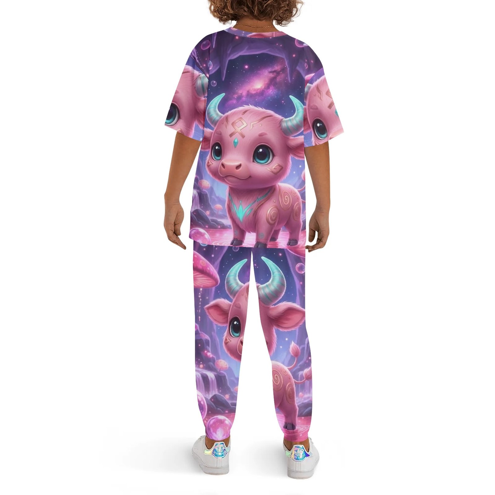 Junior Pajama Set | Children's Short Sleeve Shirt & Long Pants Loungewear | Zebellz Pink Luminous Taurus: "Baby Pink Bull" Collection | Premium 400g Weight | Sizes XS-XL - Image 2