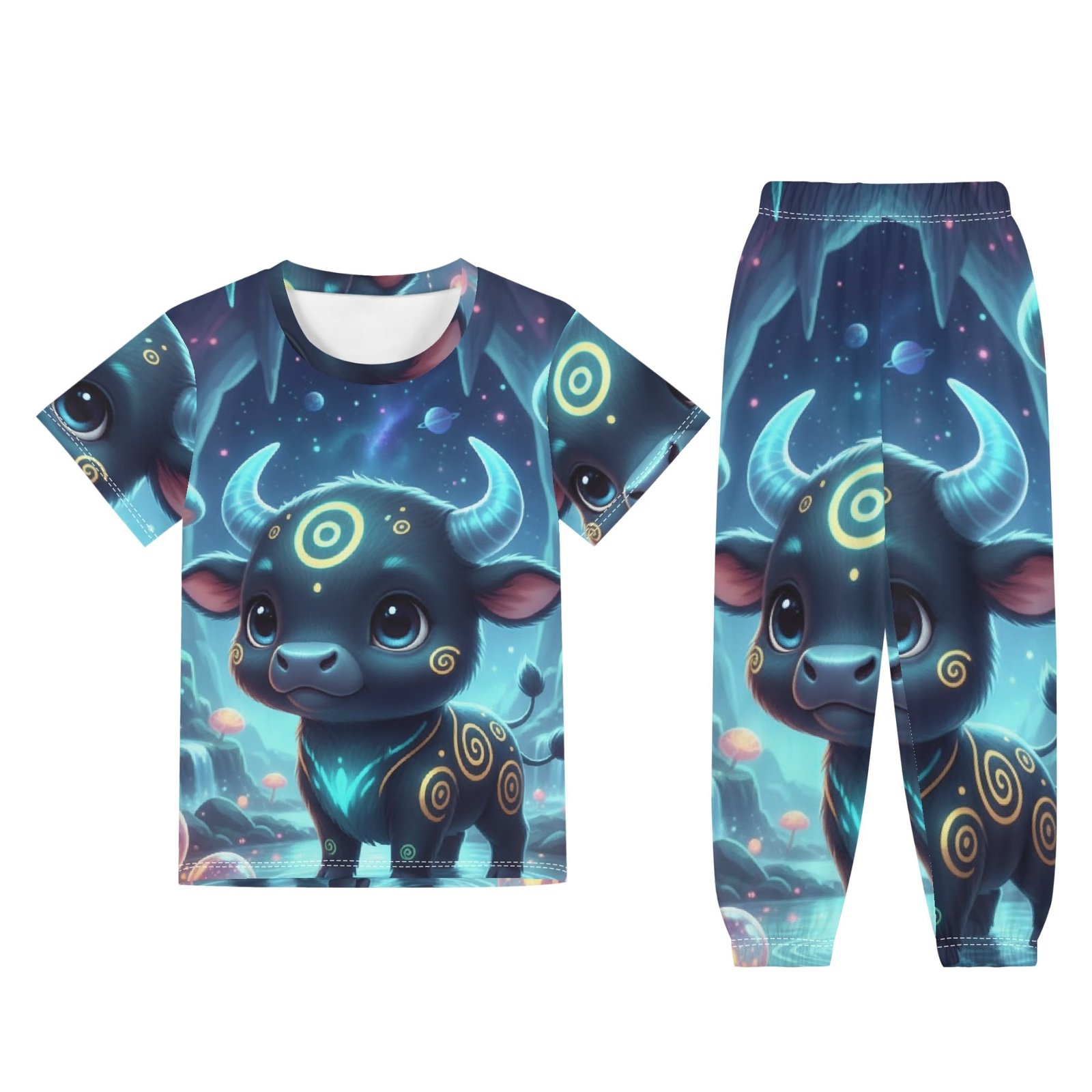 Junior Pajama Set | Children's Short Sleeve Shirt & Long Pants Loungewear | Zebellz Luminous Taurus: Junior "Baby Blue Bull" | Premium 400g Weight | Sizes XS-XL - Image 3