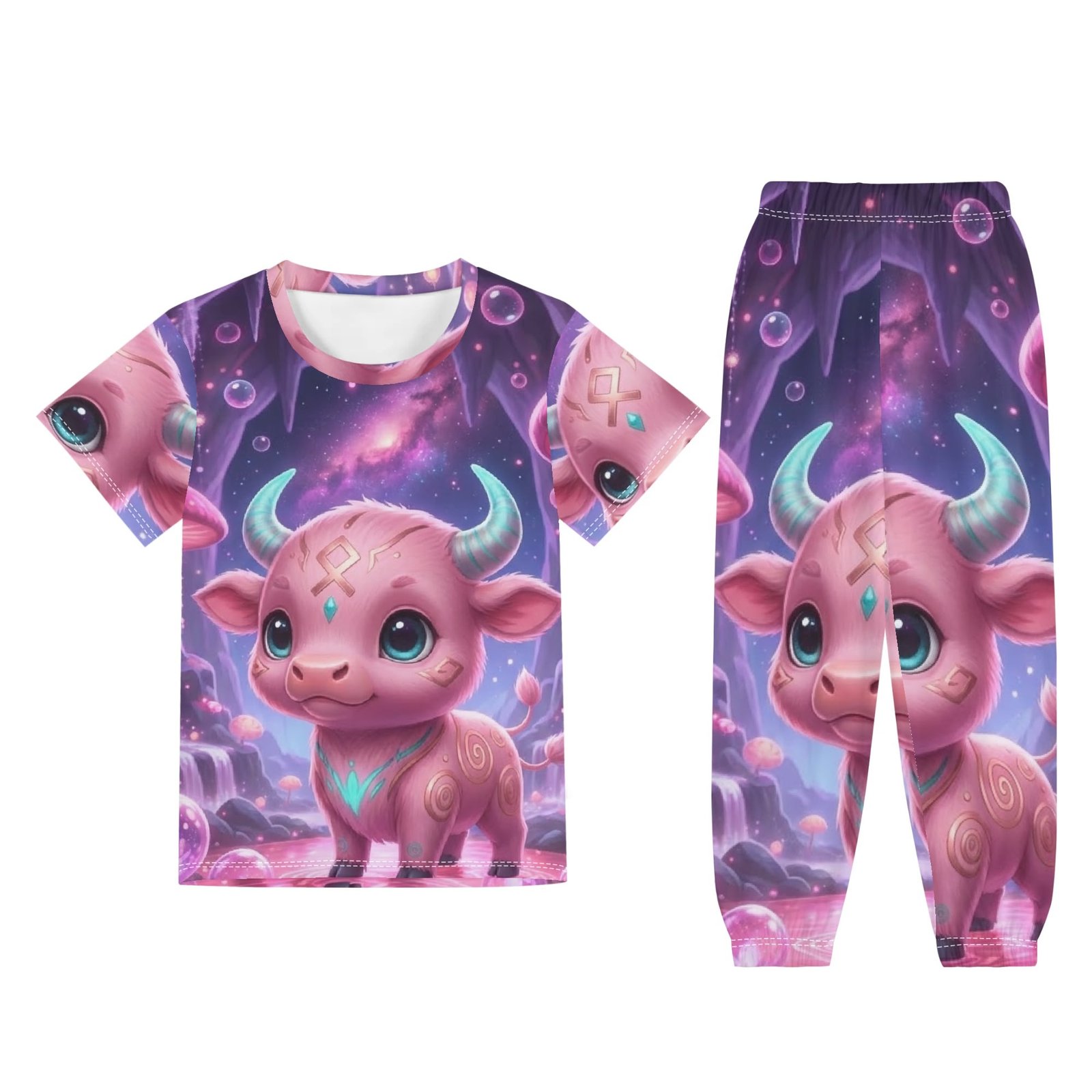 Junior Pajama Set | Children's Short Sleeve Shirt & Long Pants Loungewear | Zebellz Pink Luminous Taurus: "Baby Pink Bull" Collection | Premium 400g Weight | Sizes XS-XL - Image 3
