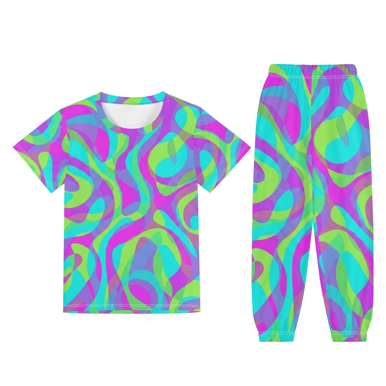 Zebellz Galactic Prism: Youth Multi-Color Spectrum Pajama Set | Children's Short Sleeve Shirt & Long Pants Loungewear | Premium 400g Weight | Sizes XS-XL - Image 3