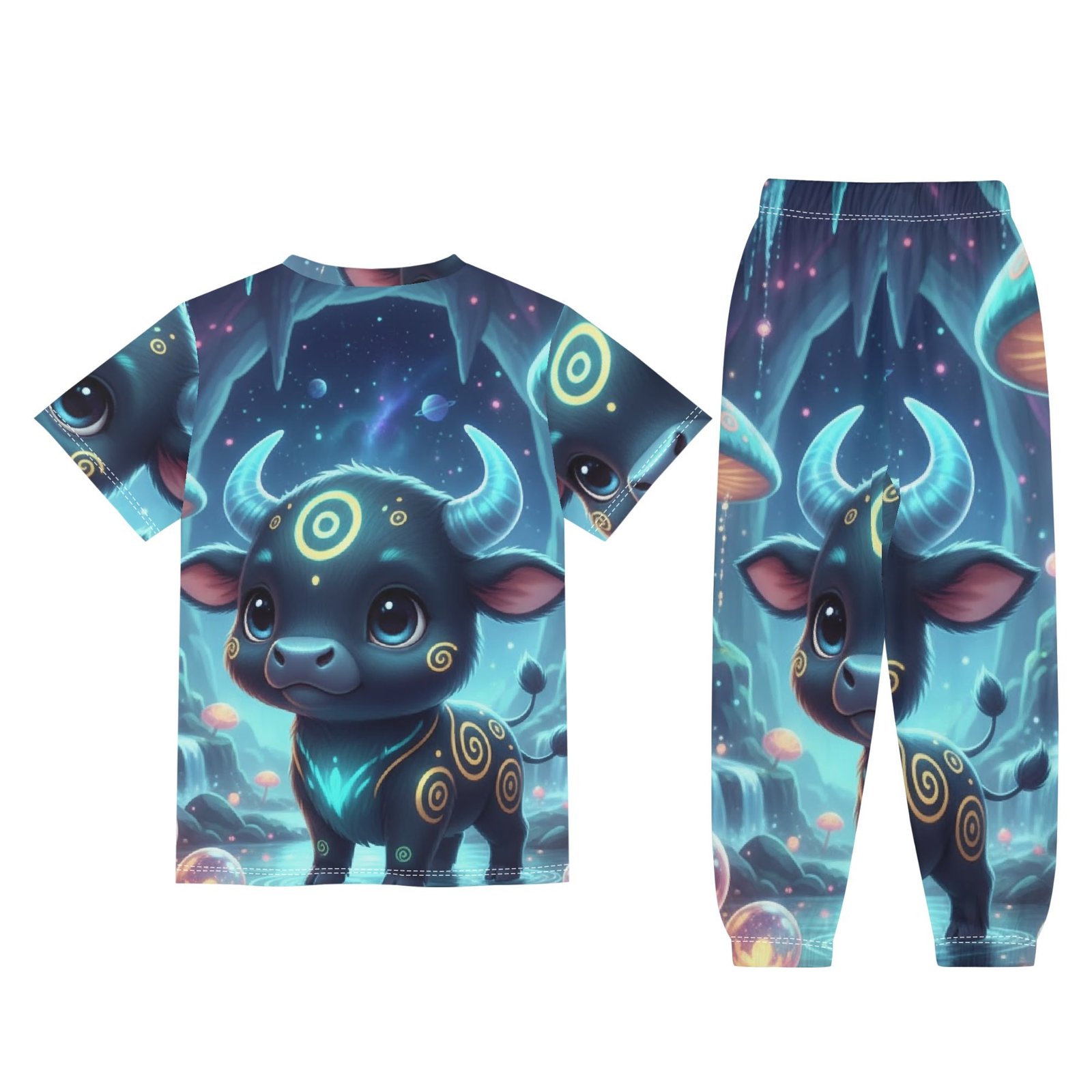 Junior Pajama Set | Children's Short Sleeve Shirt & Long Pants Loungewear | Zebellz Luminous Taurus: Junior "Baby Blue Bull" | Premium 400g Weight | Sizes XS-XL - Image 4
