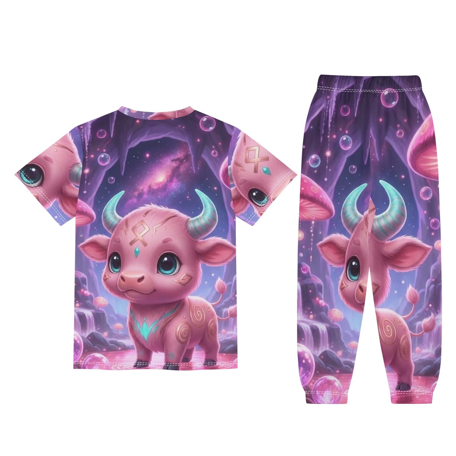 Junior Pajama Set | Children's Short Sleeve Shirt & Long Pants Loungewear | Zebellz Pink Luminous Taurus: "Baby Pink Bull" Collection | Premium 400g Weight | Sizes XS-XL - Image 4