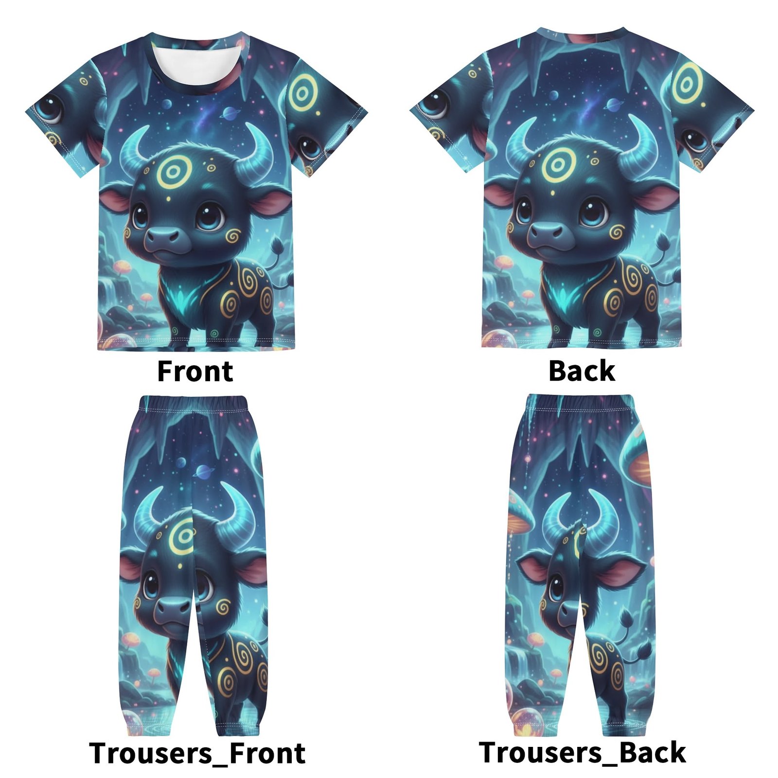 Junior Pajama Set | Children's Short Sleeve Shirt & Long Pants Loungewear | Zebellz Luminous Taurus: Junior "Baby Blue Bull" | Premium 400g Weight | Sizes XS-XL - Image 5