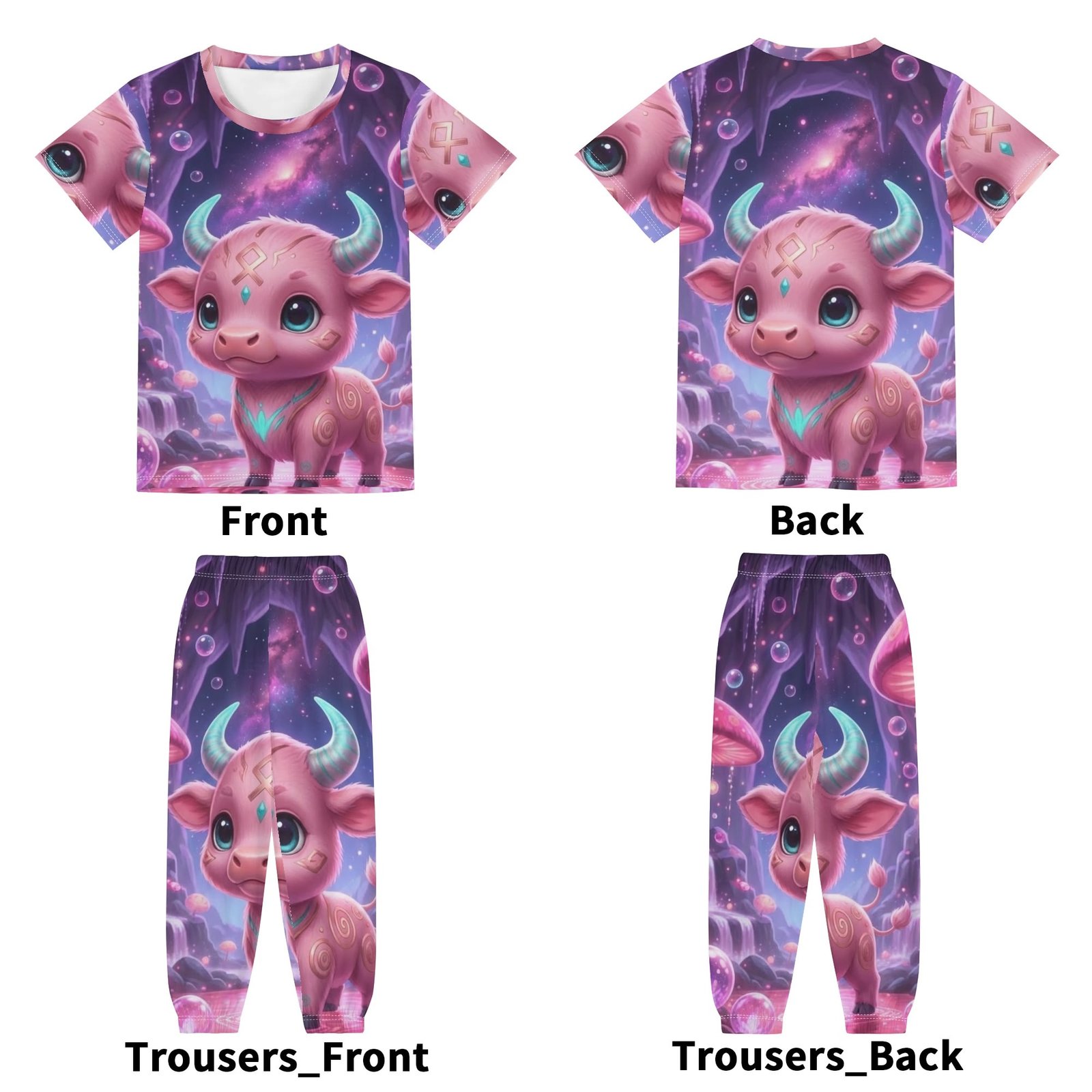Junior Pajama Set | Children's Short Sleeve Shirt & Long Pants Loungewear | Zebellz Pink Luminous Taurus: "Baby Pink Bull" Collection | Premium 400g Weight | Sizes XS-XL - Image 5