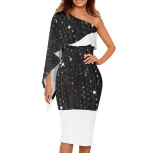 Zebellz Infinite Void: Star-Field Women's One Shoulder Formal Dress | Black Galaxy Celestial Midi Dress | Midnight Sky Party & Club Wear