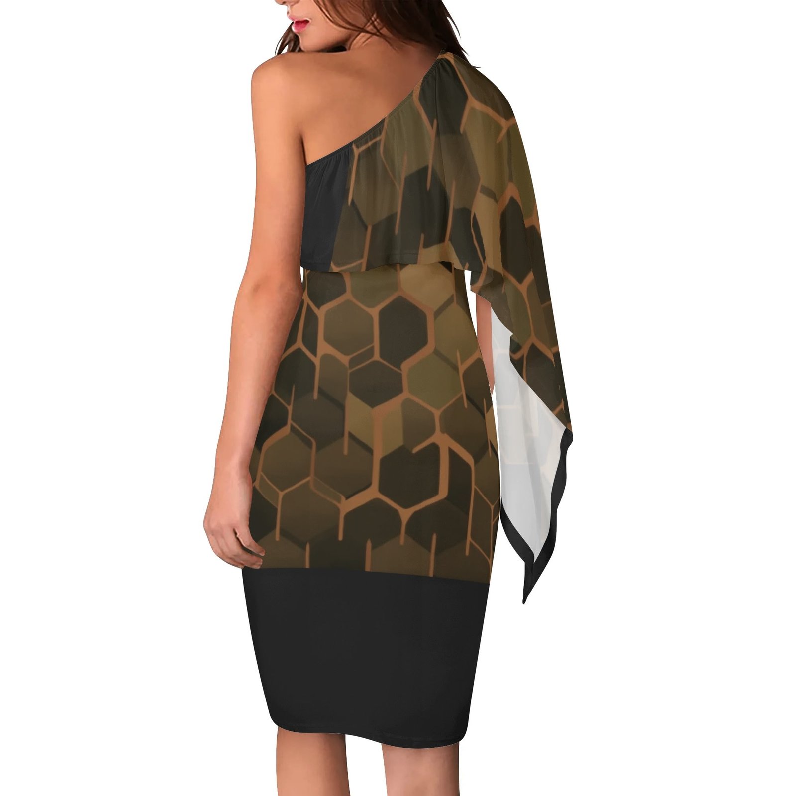 Zebellz Green Asteroid Collection: Tactical Geometric Women's One Shoulder Formal Dress | Slim Fit Midi Office Lady Dress | Earth-Tone Mineral Print - Image 2