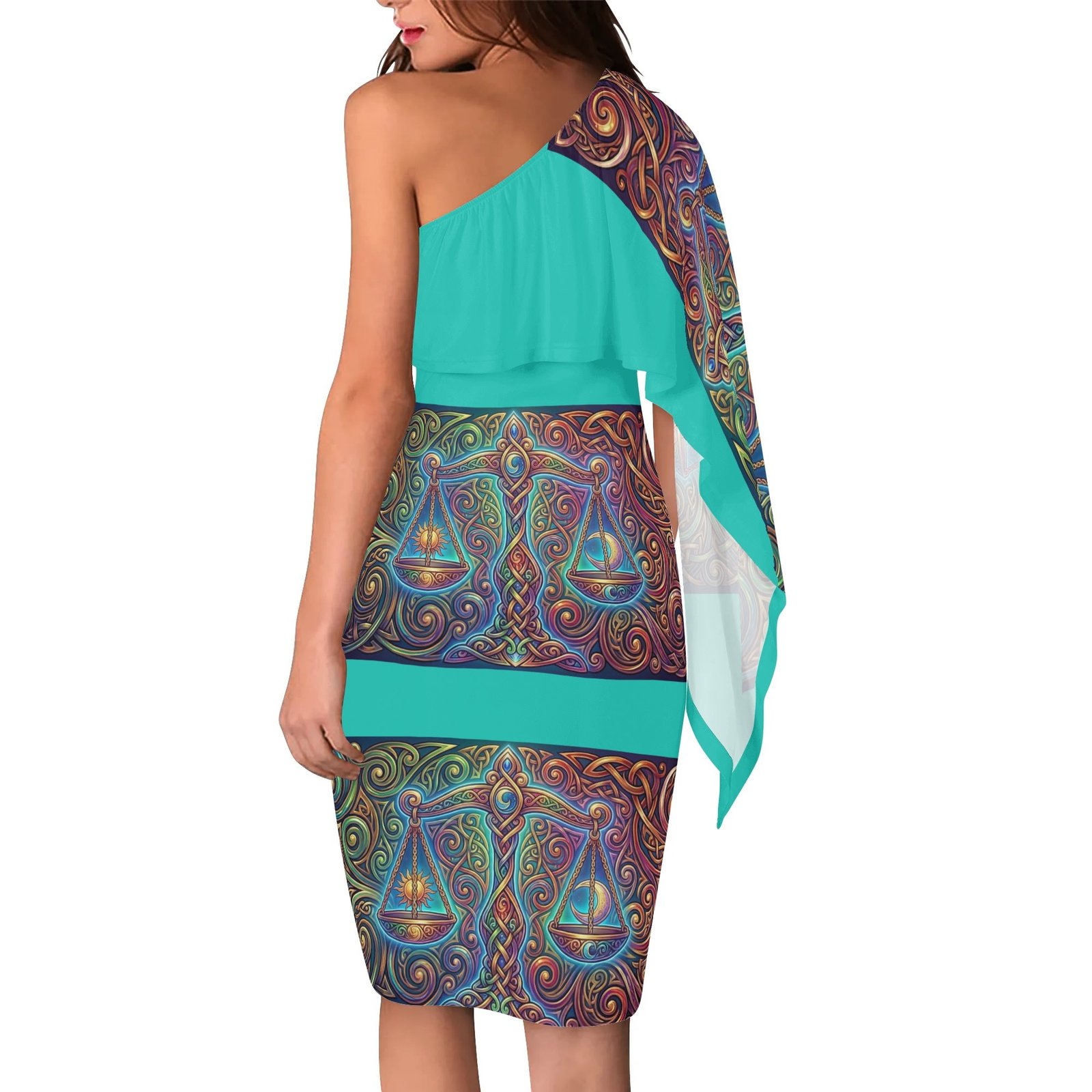 Zebellz Celestial Equilibrium: Libra Balance Women's One Shoulder Formal Dress | Zodiac Art Evening Party Dress | Sun & Moon Harmony Midi - Image 2