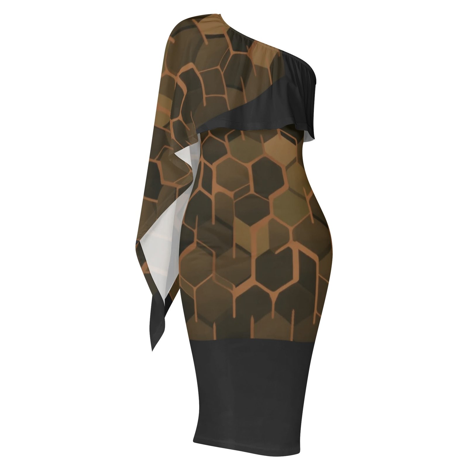 Zebellz Green Asteroid Collection: Tactical Geometric Women's One Shoulder Formal Dress | Slim Fit Midi Office Lady Dress | Earth-Tone Mineral Print - Image 3