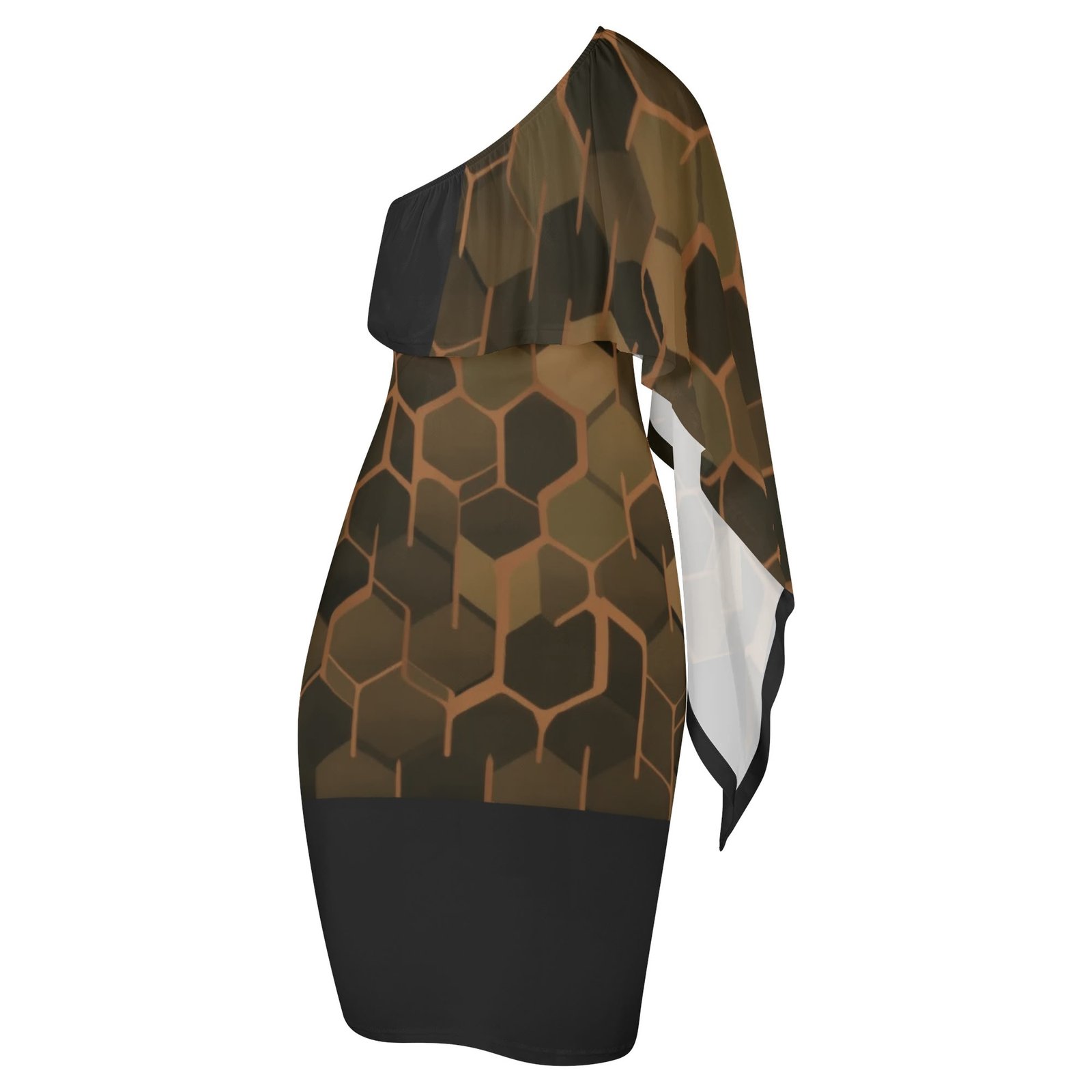 Zebellz Green Asteroid Collection: Tactical Geometric Women's One Shoulder Formal Dress | Slim Fit Midi Office Lady Dress | Earth-Tone Mineral Print - Image 4