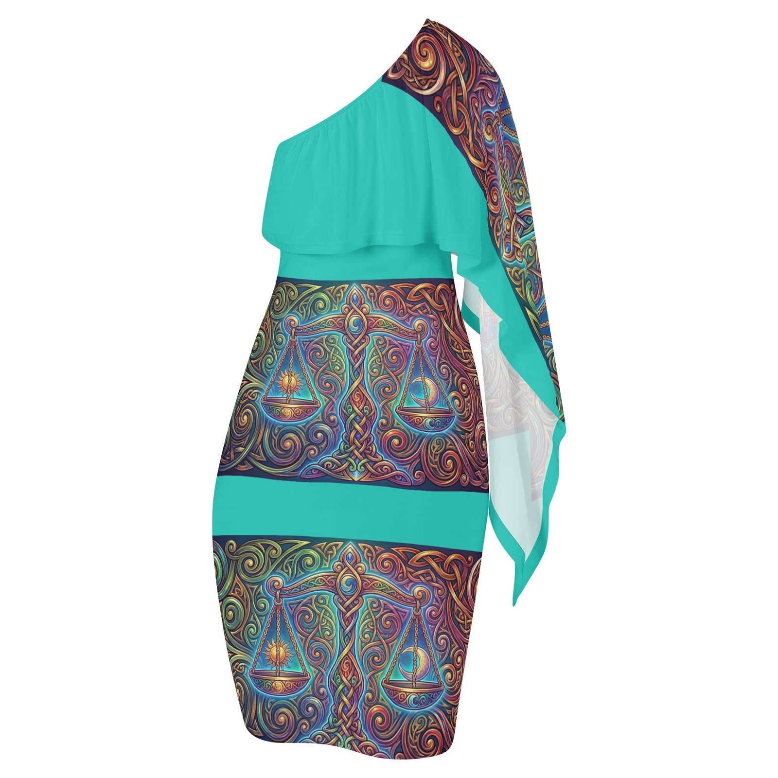 Zebellz Celestial Equilibrium: Libra Balance Women's One Shoulder Formal Dress | Zodiac Art Evening Party Dress | Sun & Moon Harmony Midi - Image 4