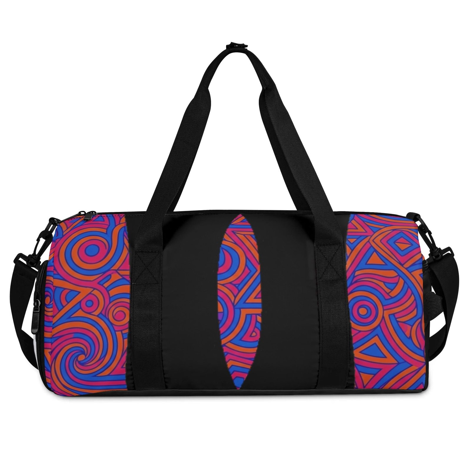 Zebellz Celestial Synergy: Solar Orbit Unisex AOP Sports Duffle Bag | Orange & Blue Geometric Gym Bag | 18" Travel Luggage with Shoe Compartment
