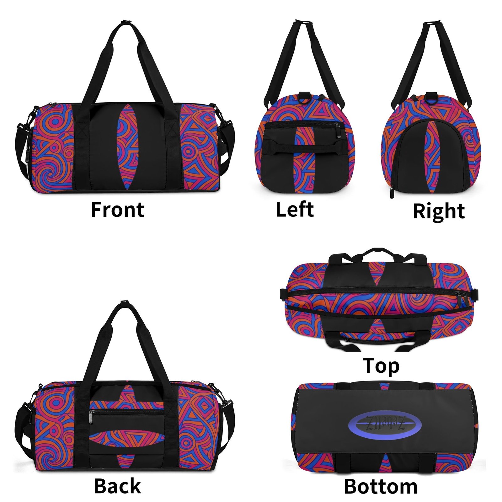 Zebellz Celestial Synergy: Solar Orbit Unisex AOP Sports Duffle Bag | Orange & Blue Geometric Gym Bag | 18" Travel Luggage with Shoe Compartment - Image 10