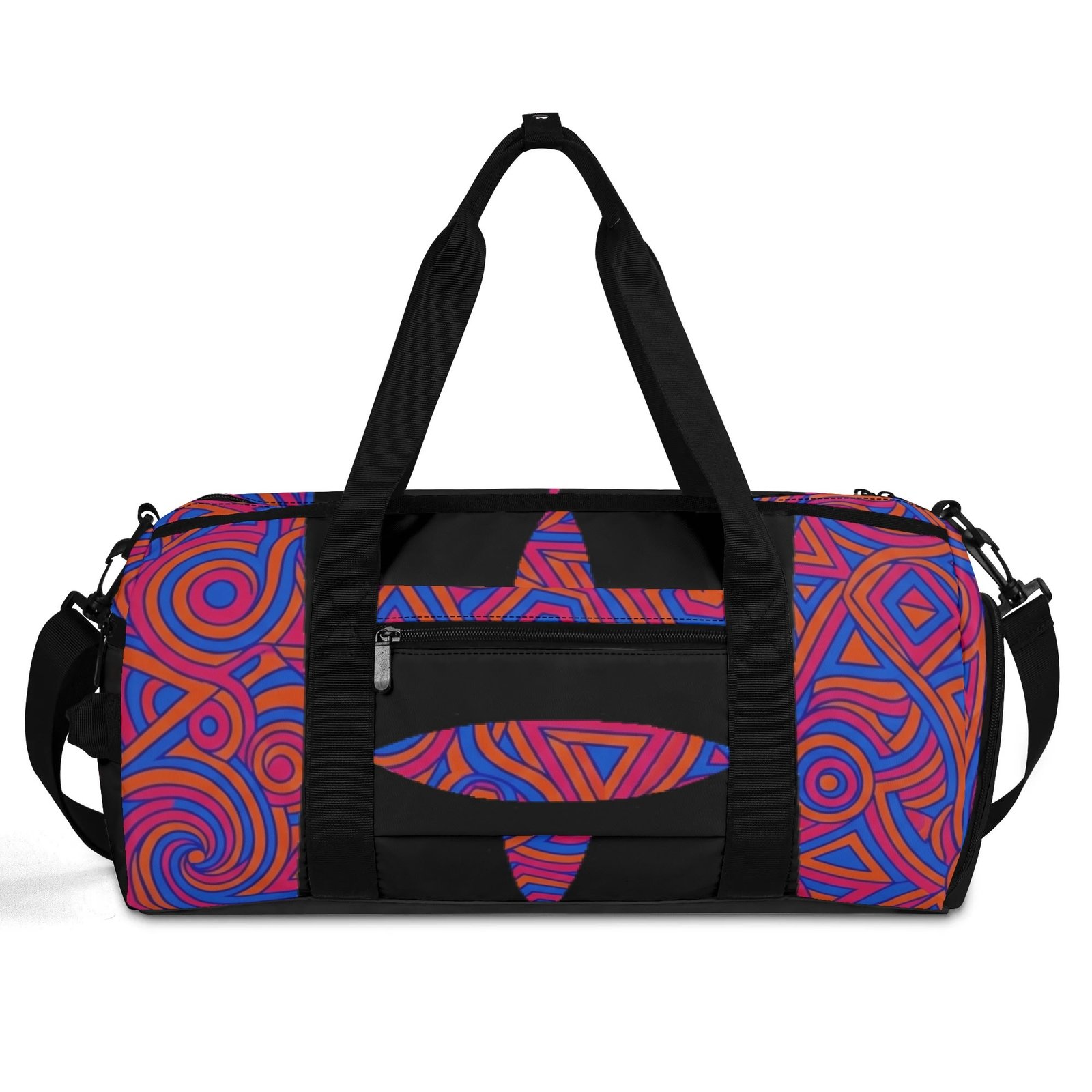 Zebellz Celestial Synergy: Solar Orbit Unisex AOP Sports Duffle Bag | Orange & Blue Geometric Gym Bag | 18" Travel Luggage with Shoe Compartment - Image 2
