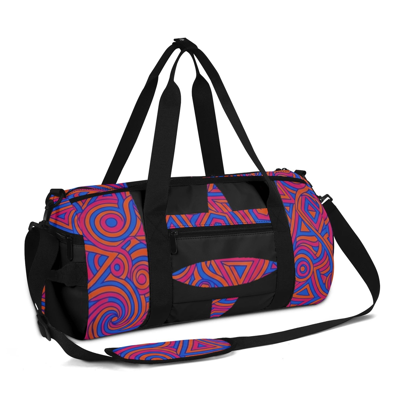 Zebellz Celestial Synergy: Solar Orbit Unisex AOP Sports Duffle Bag | Orange & Blue Geometric Gym Bag | 18" Travel Luggage with Shoe Compartment - Image 3