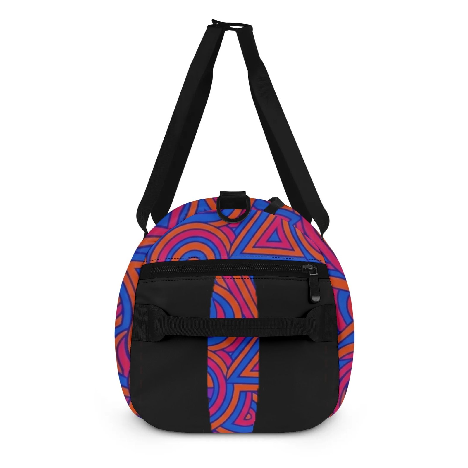 Zebellz Celestial Synergy: Solar Orbit Unisex AOP Sports Duffle Bag | Orange & Blue Geometric Gym Bag | 18" Travel Luggage with Shoe Compartment - Image 4