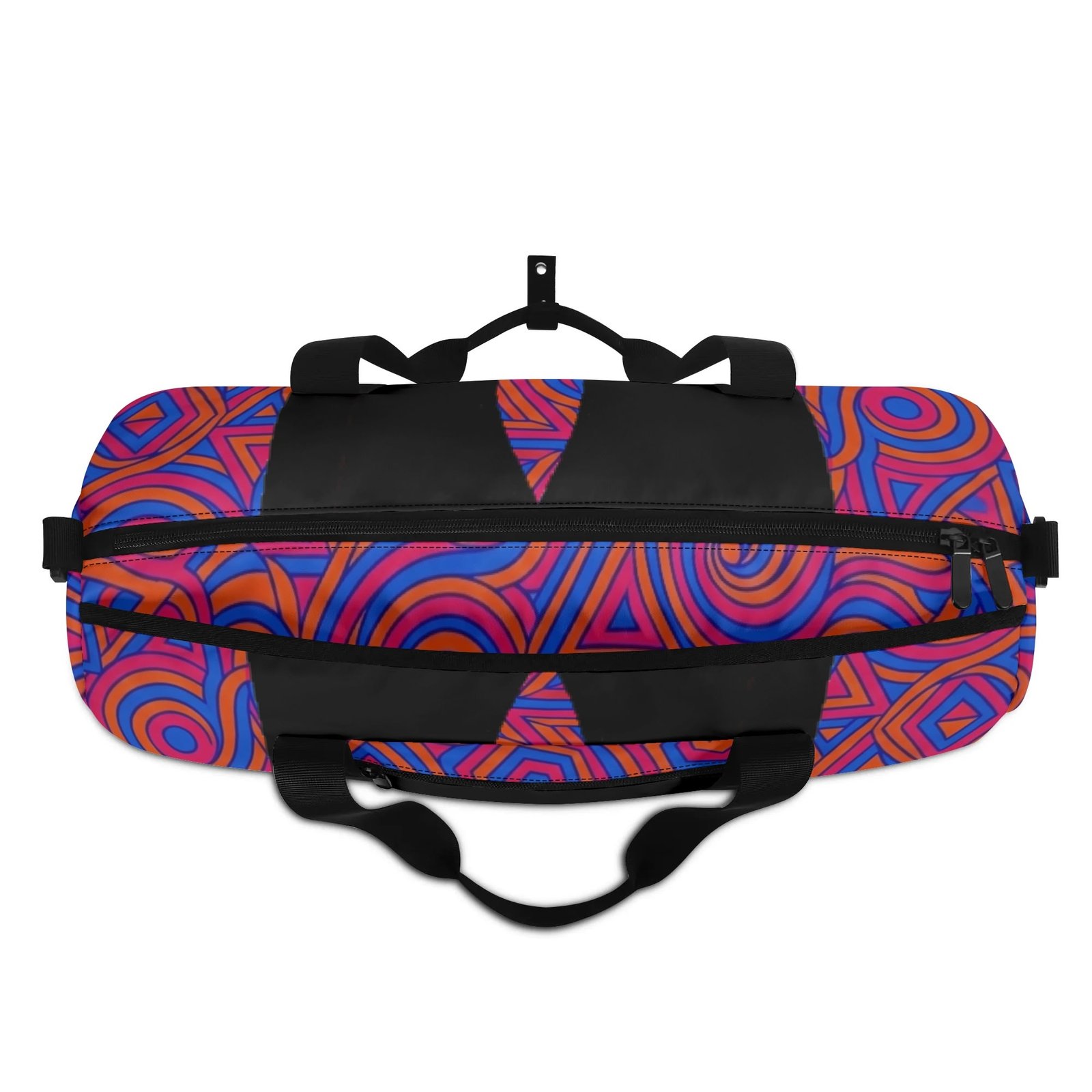 Zebellz Celestial Synergy: Solar Orbit Unisex AOP Sports Duffle Bag | Orange & Blue Geometric Gym Bag | 18" Travel Luggage with Shoe Compartment - Image 6