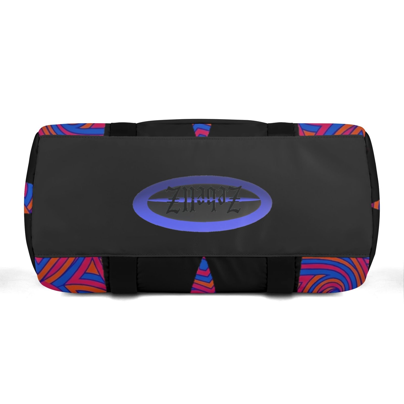 Zebellz Celestial Synergy: Solar Orbit Unisex AOP Sports Duffle Bag | Orange & Blue Geometric Gym Bag | 18" Travel Luggage with Shoe Compartment - Image 7