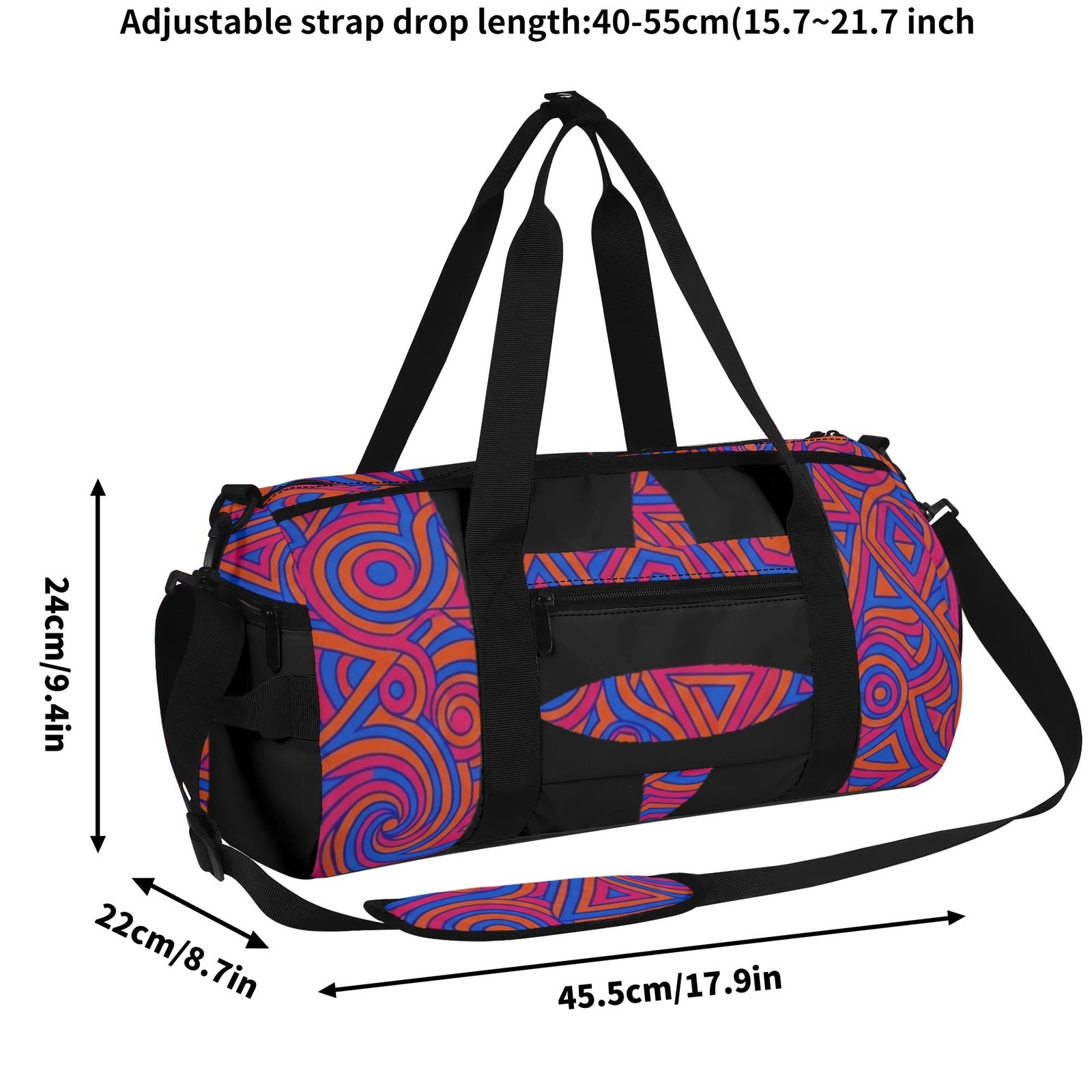 Zebellz Celestial Synergy: Solar Orbit Unisex AOP Sports Duffle Bag | Orange & Blue Geometric Gym Bag | 18" Travel Luggage with Shoe Compartment - Image 9