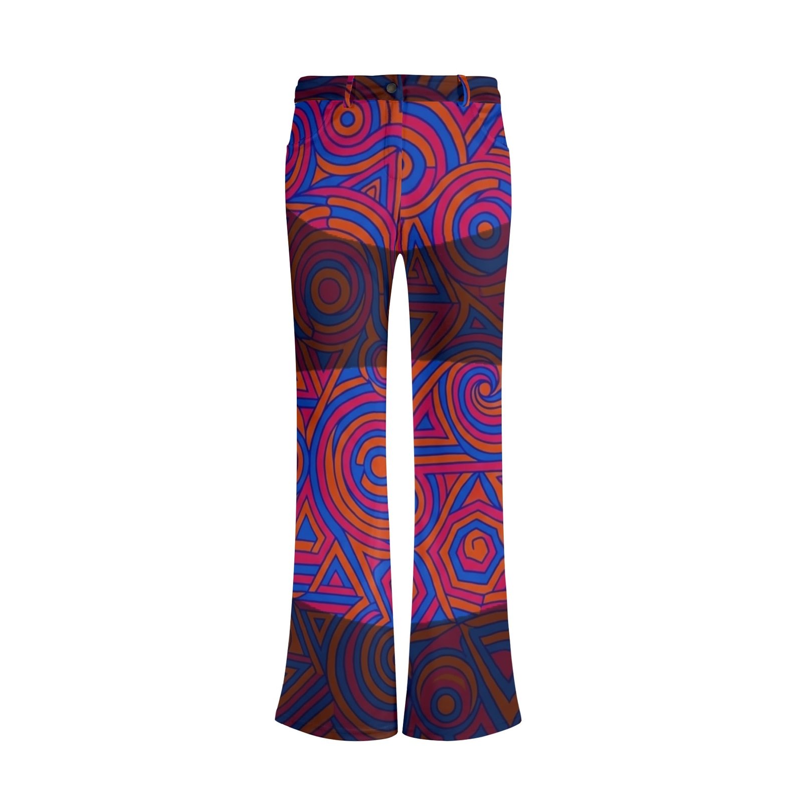 Zebellz Celestial Synergy: Solar Orbit Women's Elegant Flare Pants | Orange & Blue Geometric Trousers | 100% Premium Polyester | 2 Front Pockets