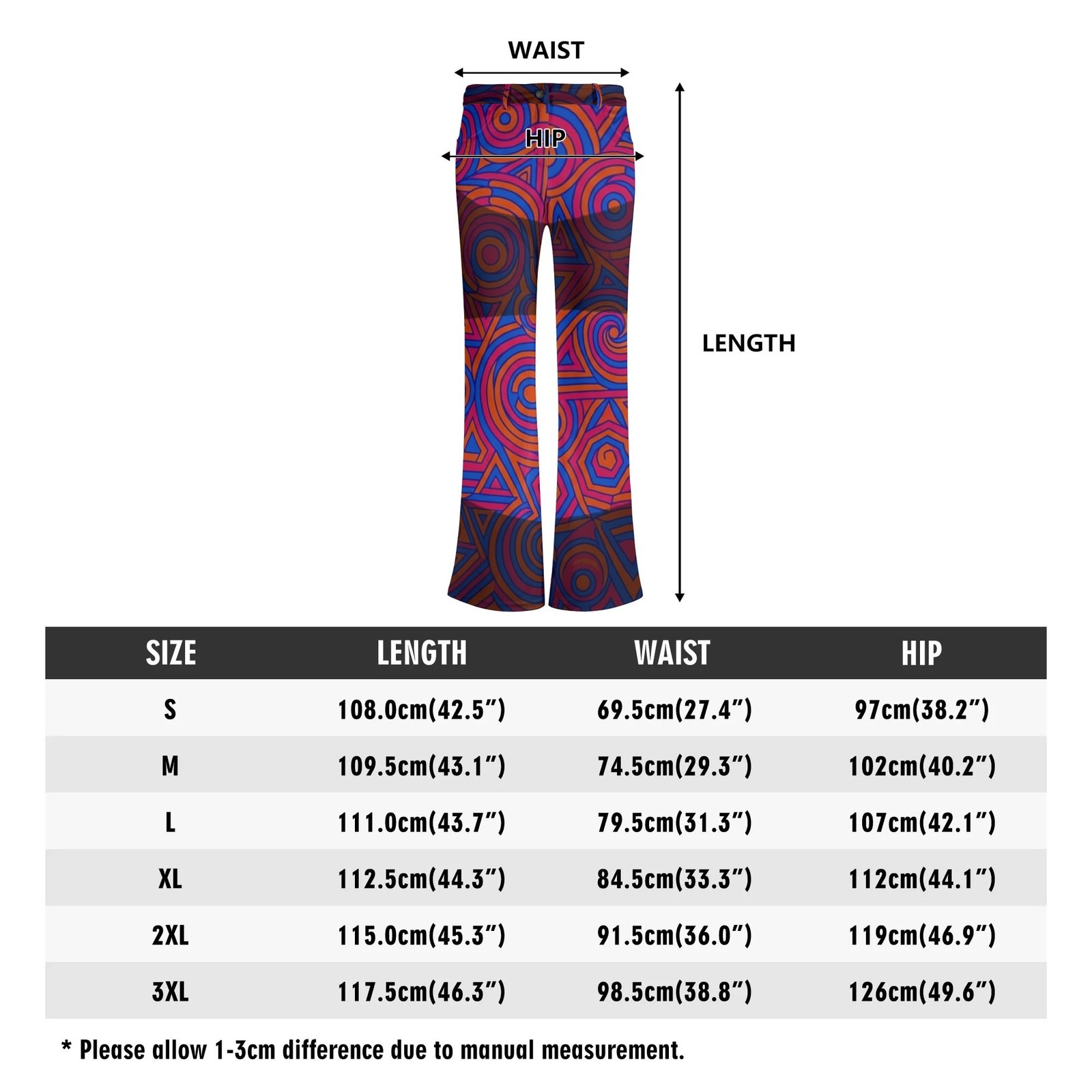 Zebellz Celestial Synergy: Solar Orbit Women's Elegant Flare Pants | Orange & Blue Geometric Trousers | 100% Premium Polyester | 2 Front Pockets - Image 4