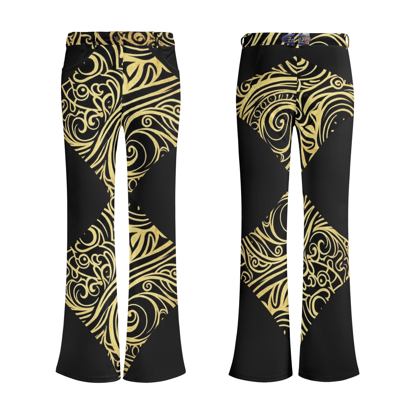 Zebellz Cosmic Horizon: Stellar Drift Black & Gold Women's Elegant Flare Pants | Premium 100% Polyester | 2 Front Pockets | Tummy Control Trousers - Image 3