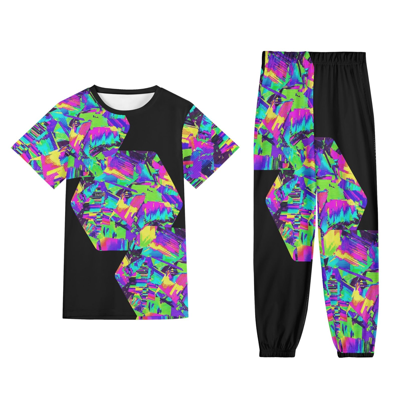 Zebellz Galactic Prism: Multi-Color Spectrum Unisex AOP Short Sleeve Blouse & Pants Sports Set | Premium Heavyweight 630g | S-5XL