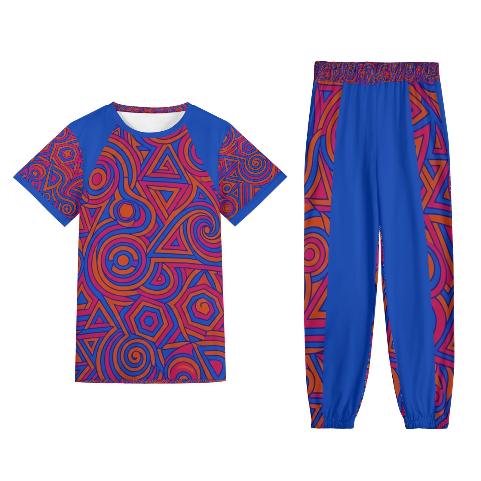 Zebellz Celestial Synergy: Solar Orbit Unisex AOP Short Sleeve Blouse & Pants Sports Set | Premium Heavyweight 630g | Orange & Blue Geometric