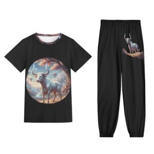 Zebellz Luminous Taurus: Lady Bull Signature Unisex AOP Short Sleeve Blouse & Pants Sports Set | Premium Heavyweight 630g | S-5XL