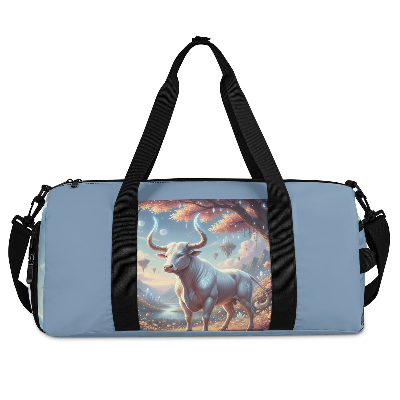 Zebellz White Luminous Taurus: Lady Bull Signature Sports Gym Bag & Travel Duffle | Unisex Large Tote with Shoe Compartment | Premium Flannel Twill & PU | 18" Travel Luggage