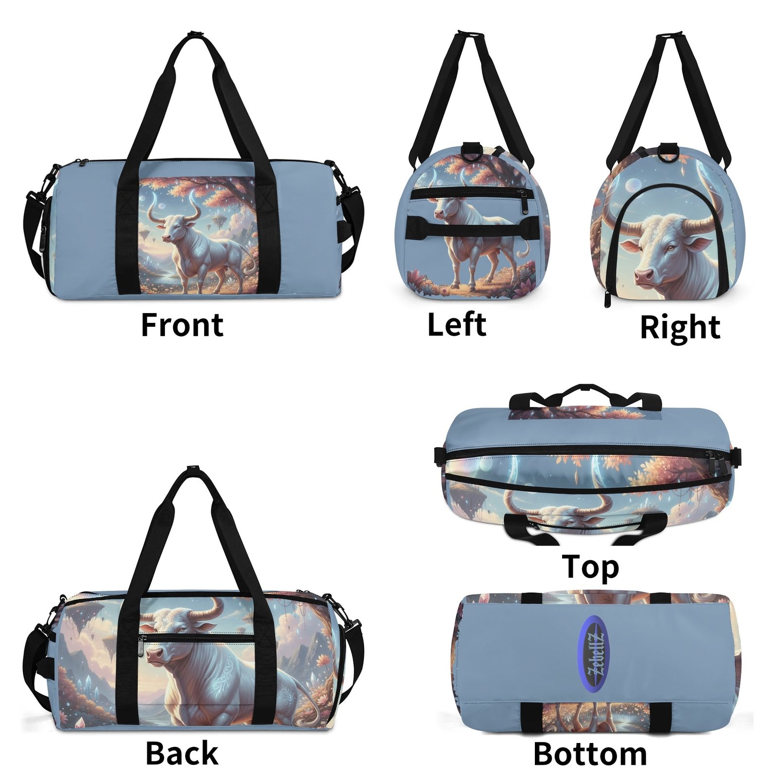 Zebellz White Luminous Taurus: Lady Bull Signature Sports Gym Bag & Travel Duffle | Unisex Large Tote with Shoe Compartment | Premium Flannel Twill & PU | 18" Travel Luggage - Image 10