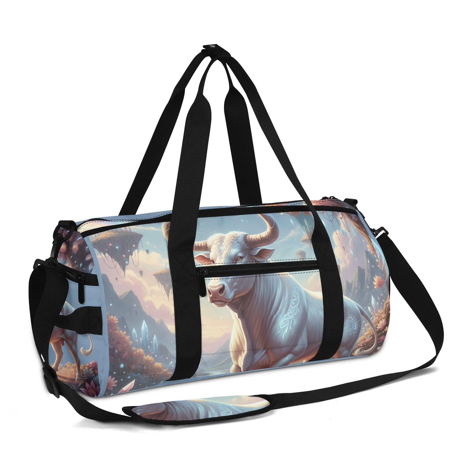 Zebellz White Luminous Taurus: Lady Bull Signature Sports Gym Bag & Travel Duffle | Unisex Large Tote with Shoe Compartment | Premium Flannel Twill & PU | 18" Travel Luggage - Image 3