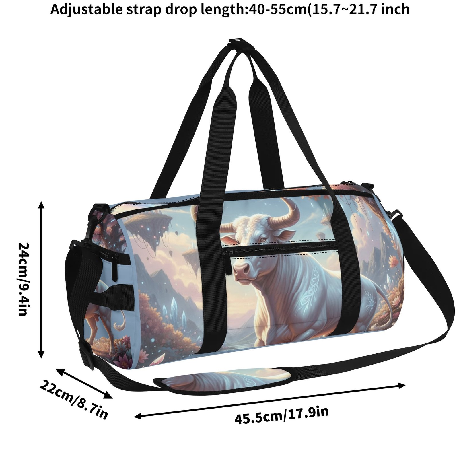 Zebellz White Luminous Taurus: Lady Bull Signature Sports Gym Bag & Travel Duffle | Unisex Large Tote with Shoe Compartment | Premium Flannel Twill & PU | 18" Travel Luggage - Image 9