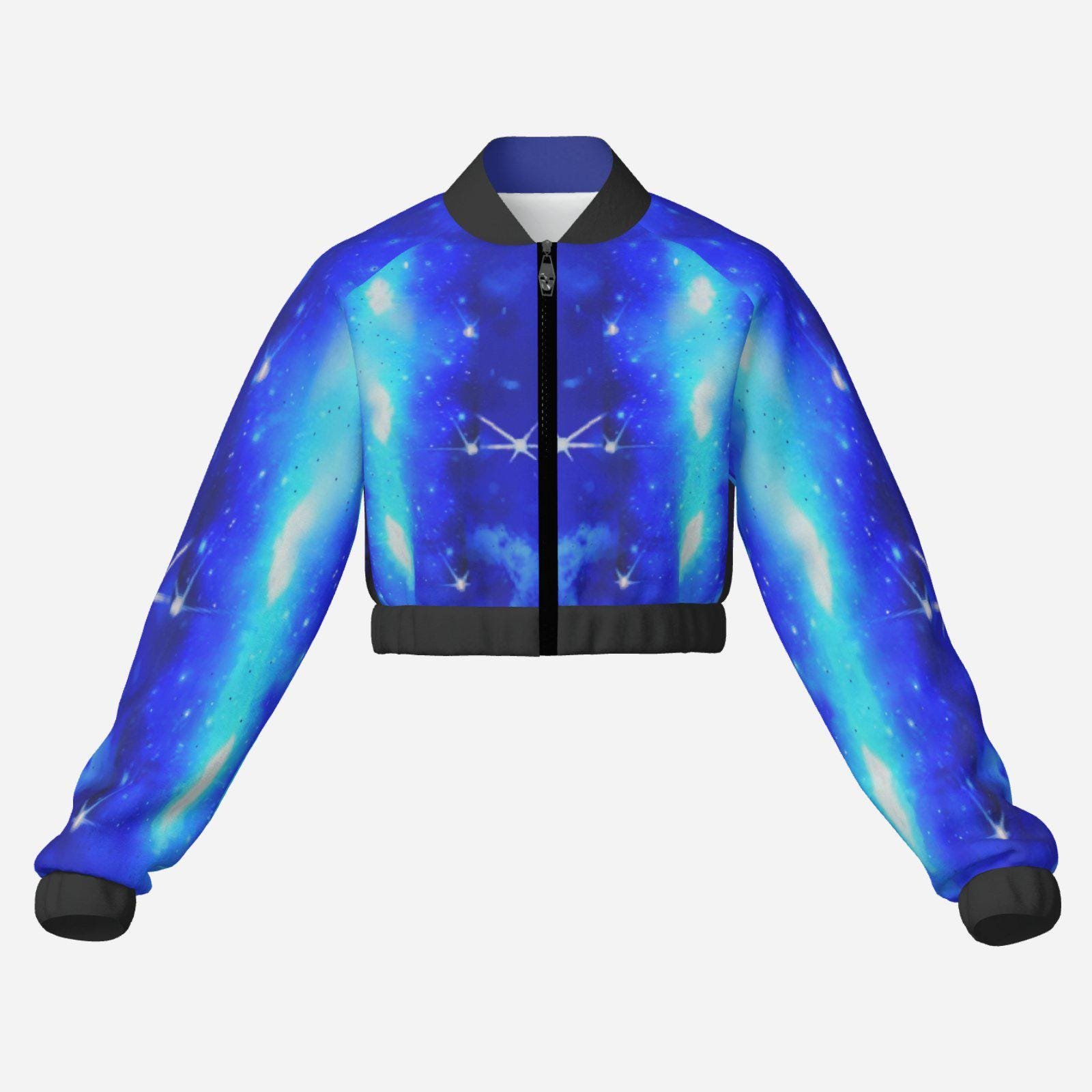 UPF50+ Women's Crop Bomber Jacket ZEBELLZ Design: Blue Galaxy Customized - Image 3
