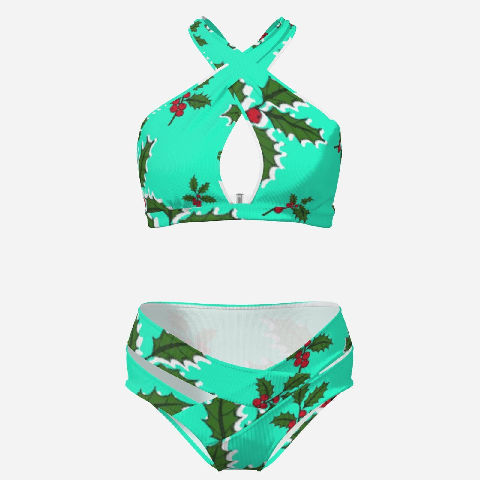 Christmas Holiday | Women's Cross Body Swimsuit Set Zebellz Design: Mint Holly Swim Milk Silk 180 GSM - Image 3