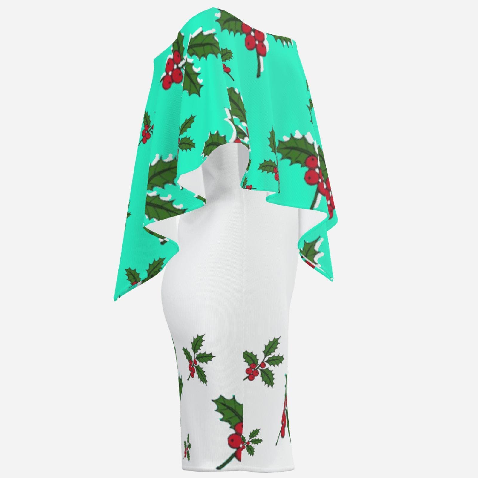 Christmas Holiday | One-Shoulder Ruffle Curved Hem Dress-Milk Silk ZEBELLZ Design: White Mint Holly 180 GSM - Image 5