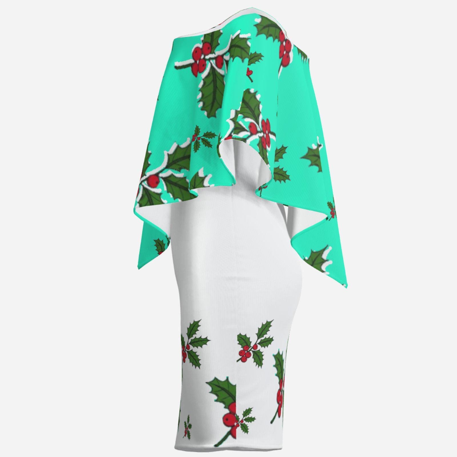 Christmas Holiday | One-Shoulder Ruffle Curved Hem Dress-Milk Silk ZEBELLZ Design: White Mint Holly 180 GSM - Image 4