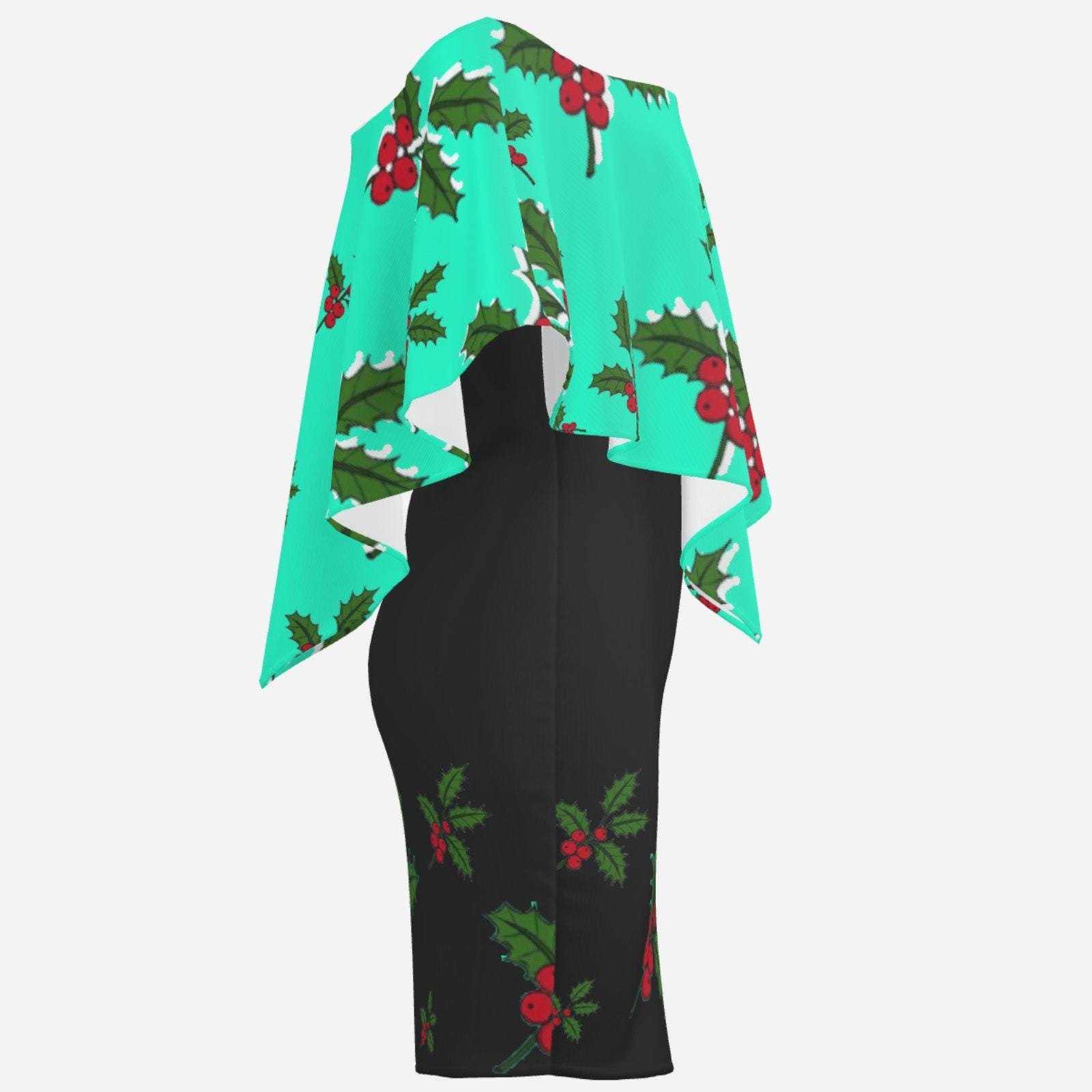 Christmas Holiday | One-Shoulder Ruffle Curved Hem Dress-Milk Silk ZEBELLZ Design: Dark Mint Holly 180 GSM - Image 4
