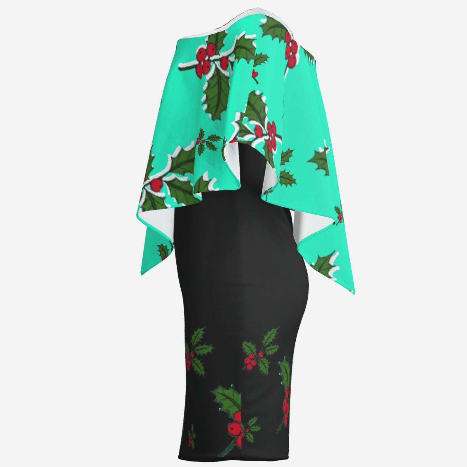 Christmas Holiday | One-Shoulder Ruffle Curved Hem Dress-Milk Silk ZEBELLZ Design: Dark Mint Holly 180 GSM - Image 3