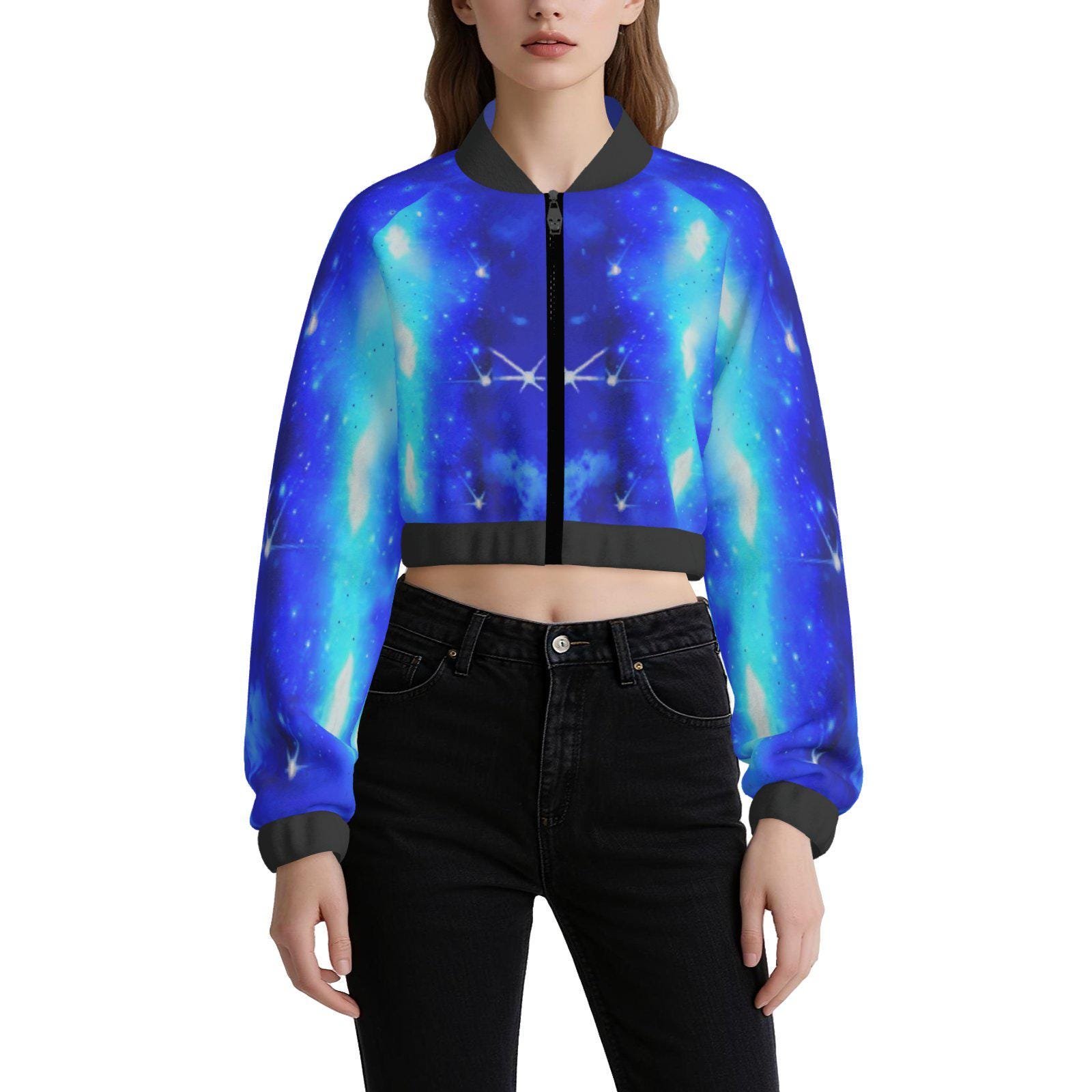 UPF50+ Women's Crop Bomber Jacket ZEBELLZ Design: Blue Galaxy Customized