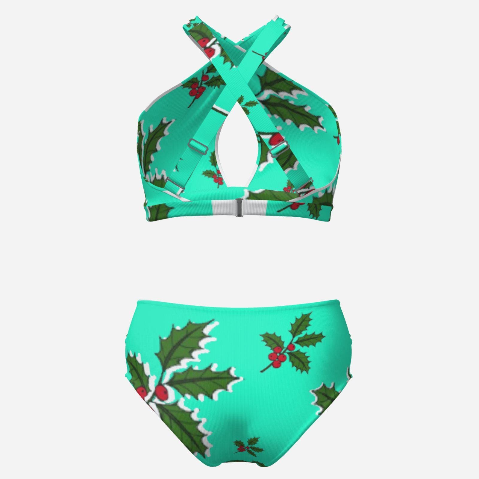 Christmas Holiday | Women's Cross Body Swimsuit Set Zebellz Design: Mint Holly Swim Milk Silk 180 GSM - Image 4