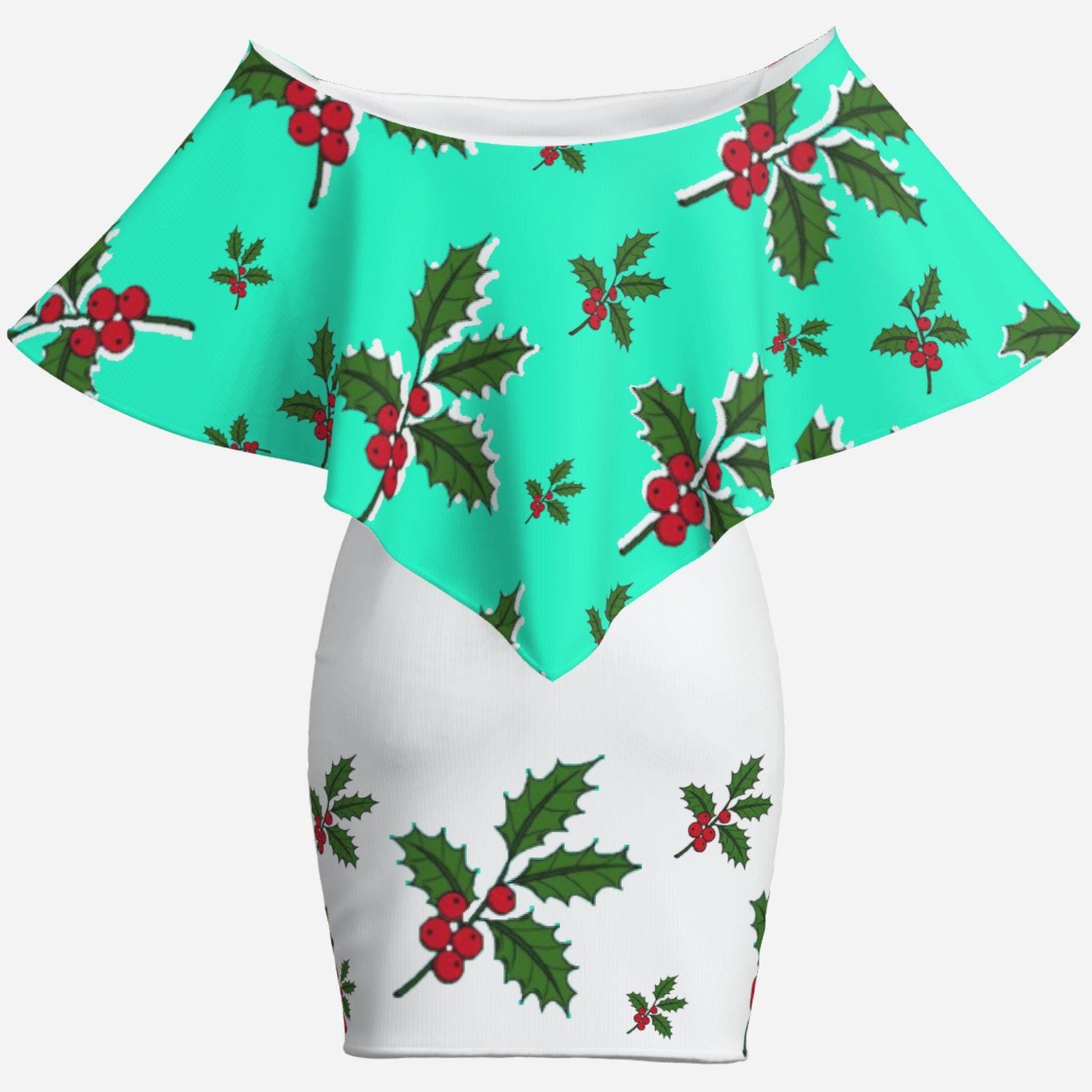 Christmas Holiday | One-Shoulder Ruffle Curved Hem Dress-Milk Silk ZEBELLZ Design: White Mint Holly 180 GSM - Image 3