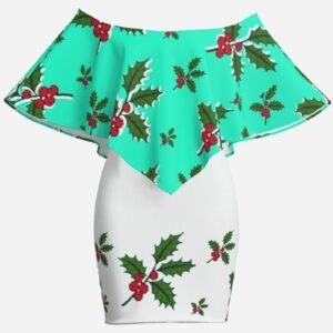 Christmas Holiday | One-Shoulder Ruffle Curved Hem Dress-Milk Silk ZEBELLZ Design: White Mint Holly 180 GSM