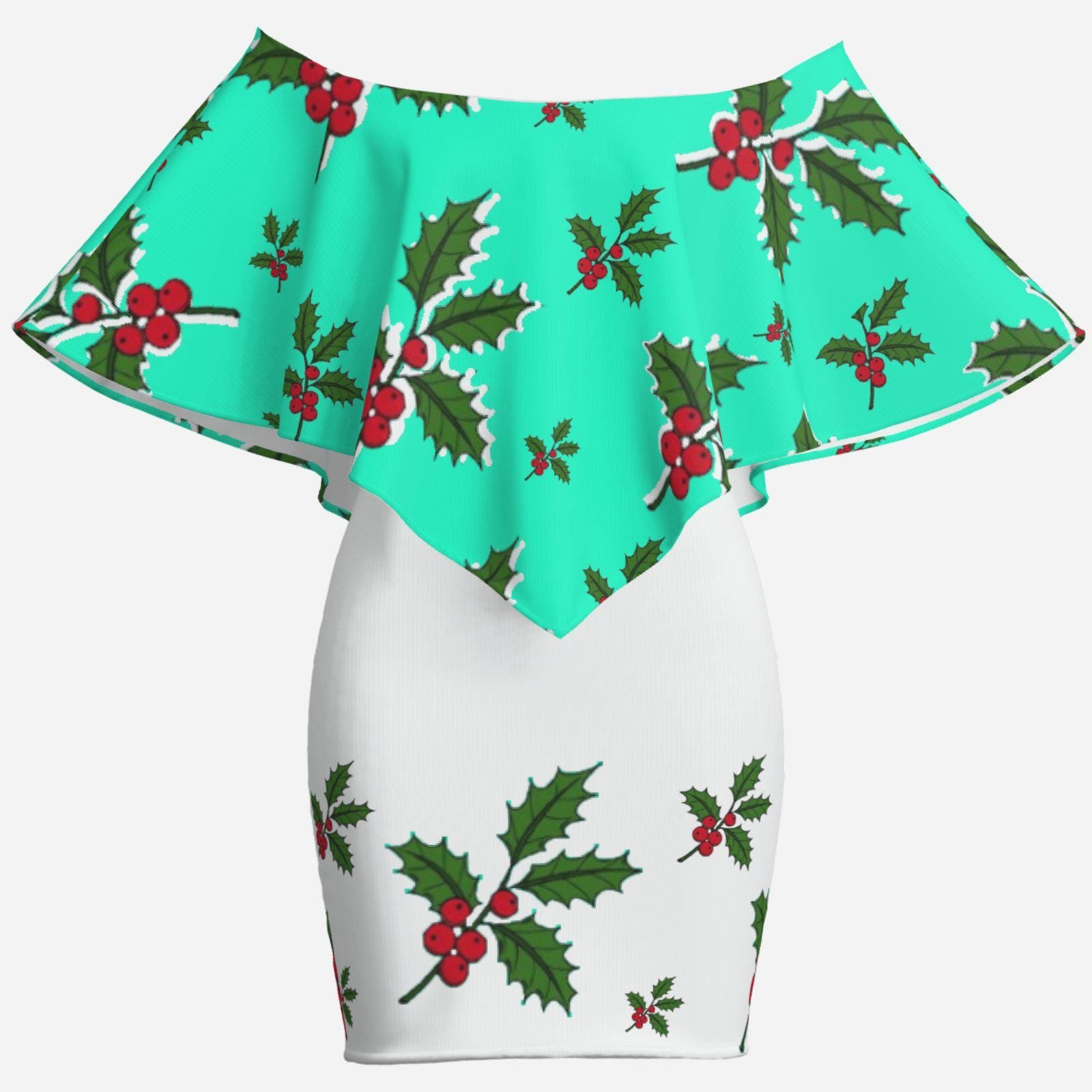 Christmas Holiday | One-Shoulder Ruffle Curved Hem Dress-Milk Silk ZEBELLZ Design: White Mint Holly 180 GSM