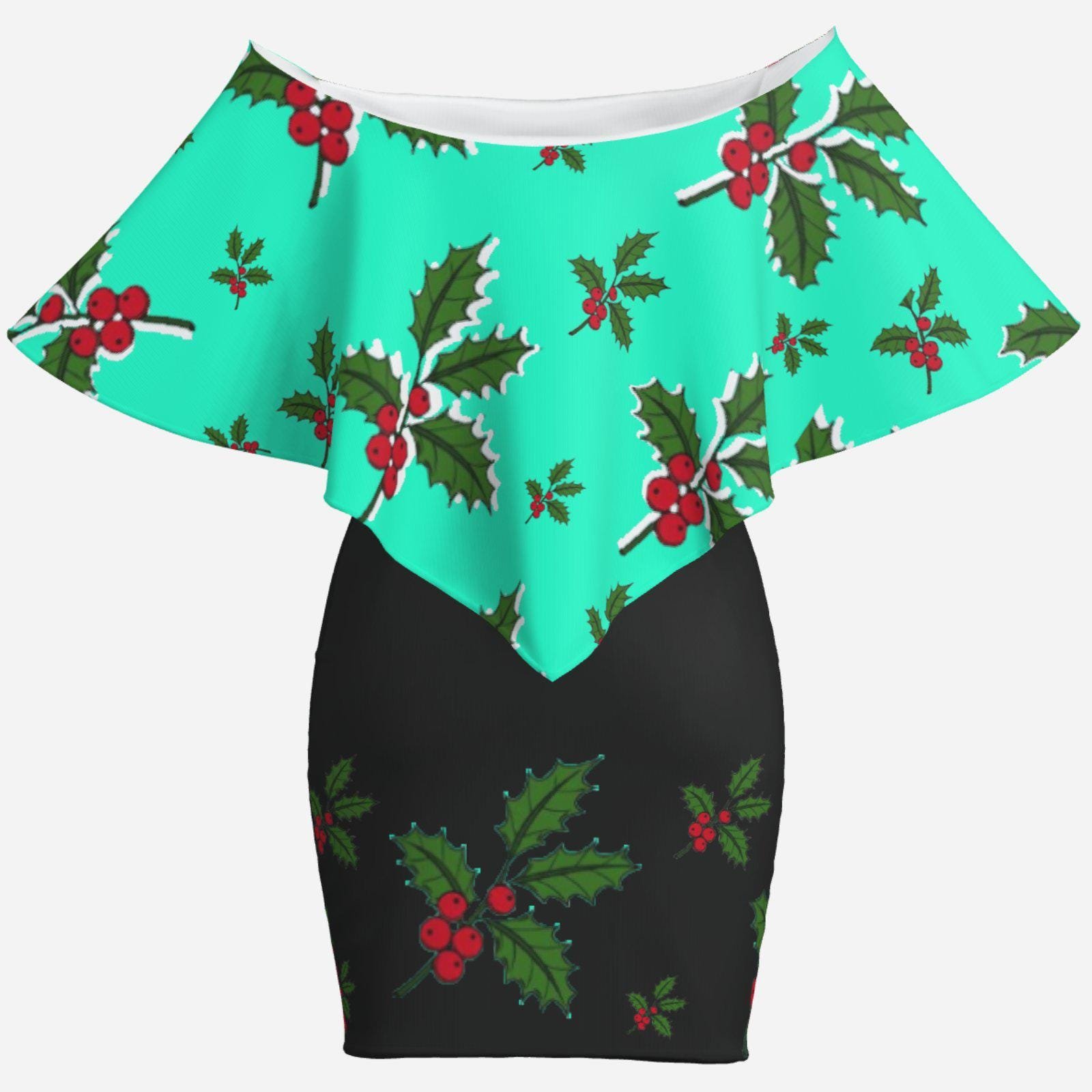 Christmas Holiday | One-Shoulder Ruffle Curved Hem Dress-Milk Silk ZEBELLZ Design: Dark Mint Holly 180 GSM - Image 2