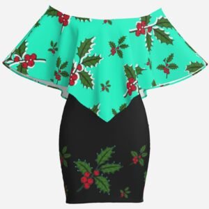 Christmas Holiday | One-Shoulder Ruffle Curved Hem Dress-Milk Silk ZEBELLZ Design: Dark Mint Holly 180 GSM
