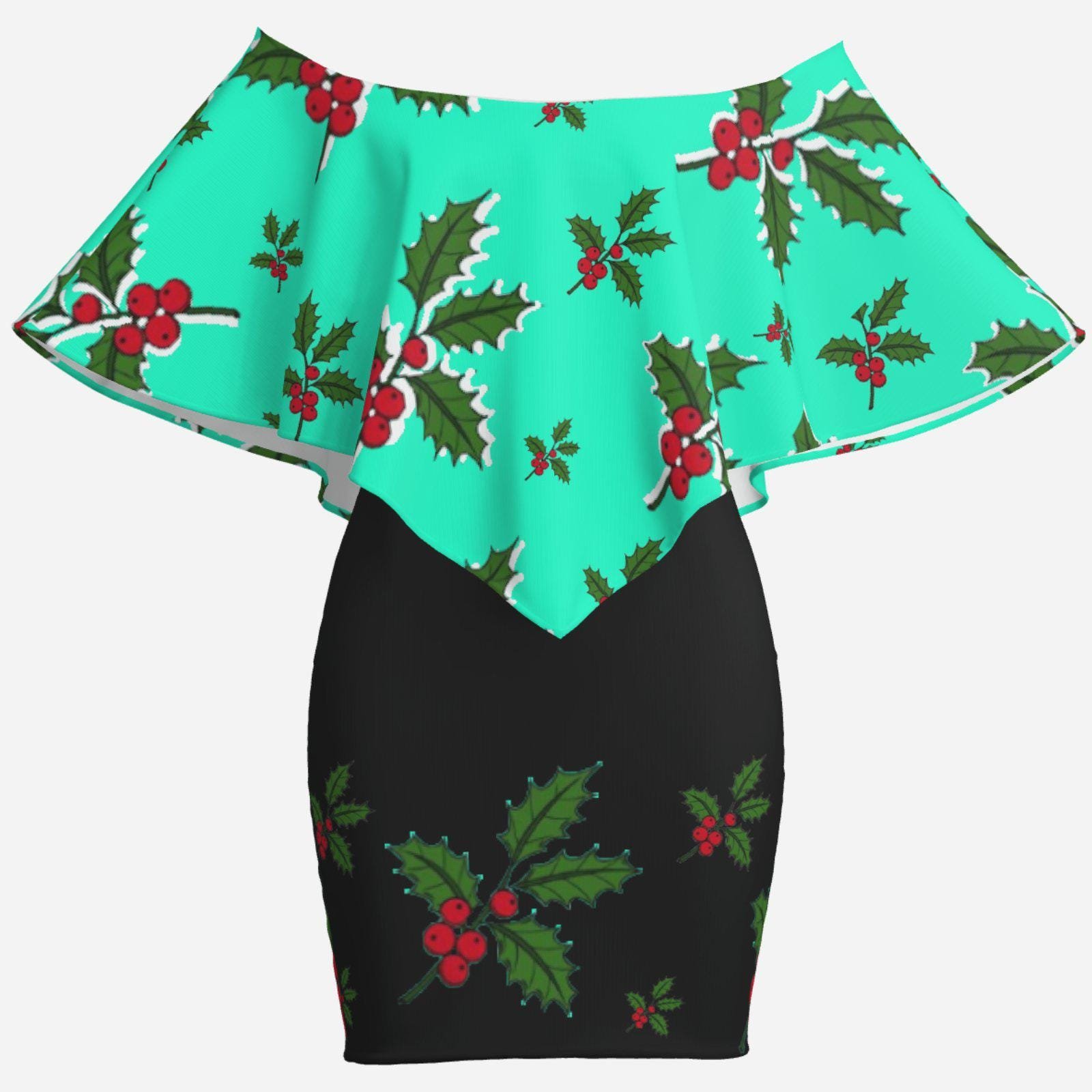 Christmas Holiday | One-Shoulder Ruffle Curved Hem Dress-Milk Silk ZEBELLZ Design: Dark Mint Holly 180 GSM
